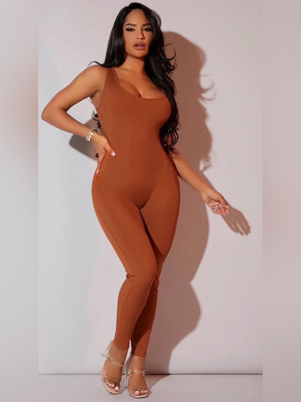 SHEIN Rust Brown Sleeveless Ribbed Jumpsuit